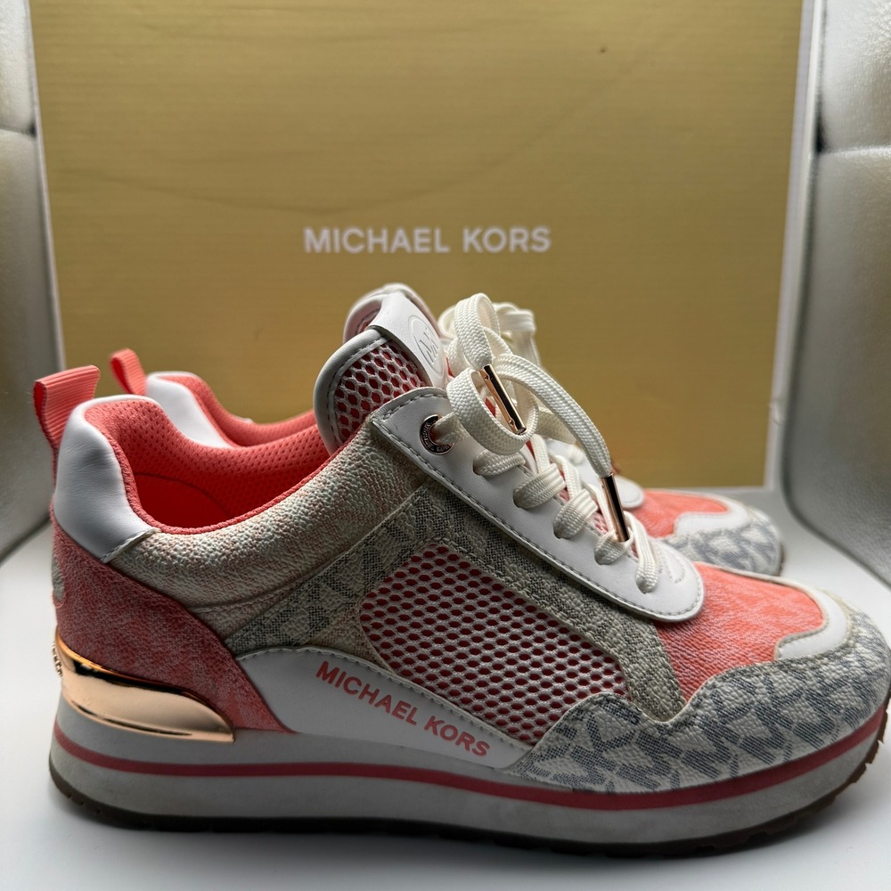 Michael Kors Womens Low Top Sneakers Coral White Logo Mesh Trainers Rose Gold - Picture 5 of 11